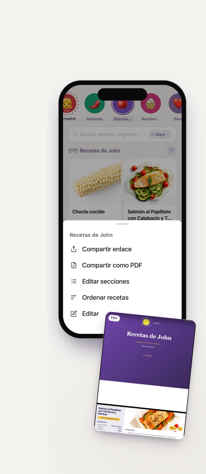 Compartir recetario y PDF